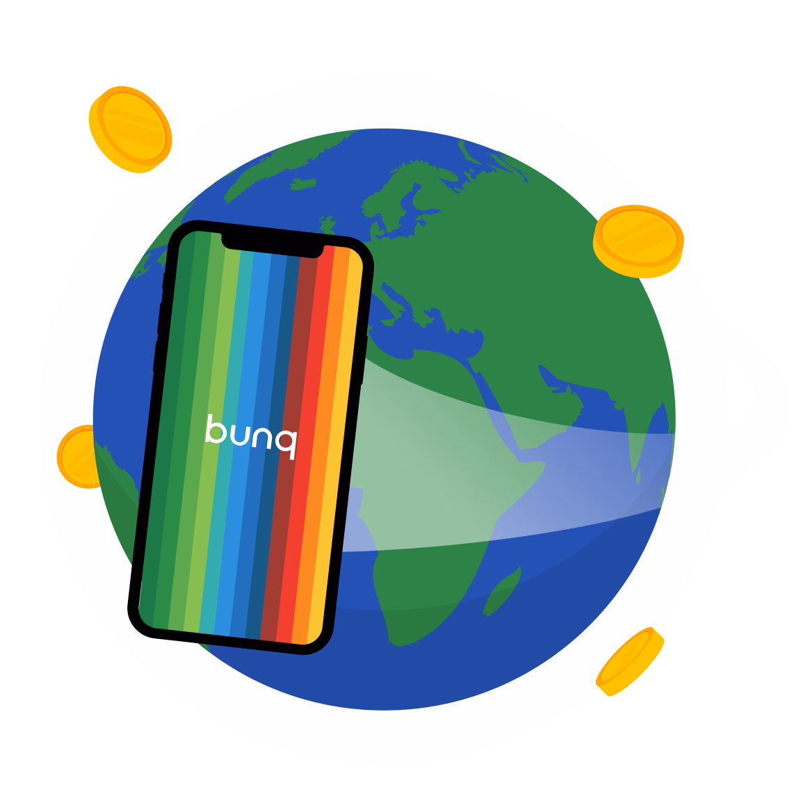 Wereldbol met bunq logo over de hele wereld